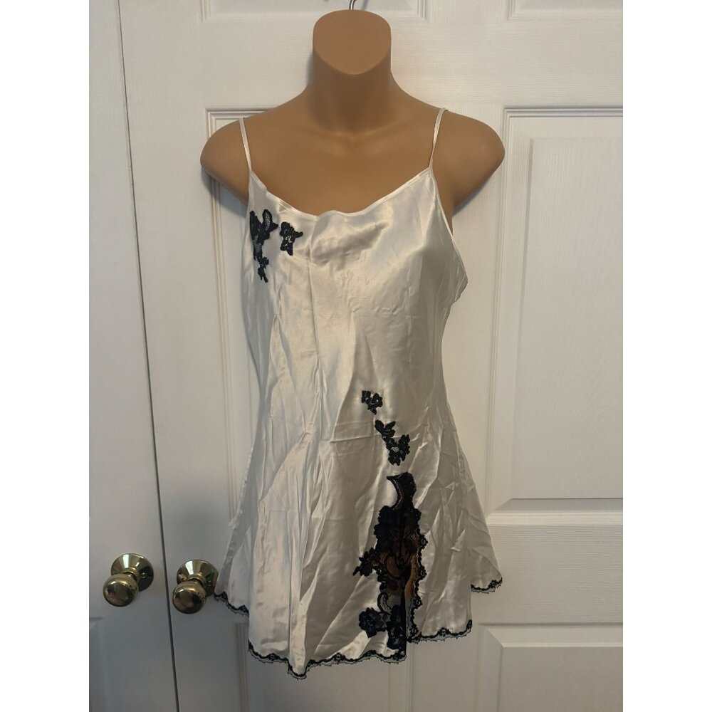 NWT Victoria's Secret White with Black Lace Chemise Slip Dress Lingerie S